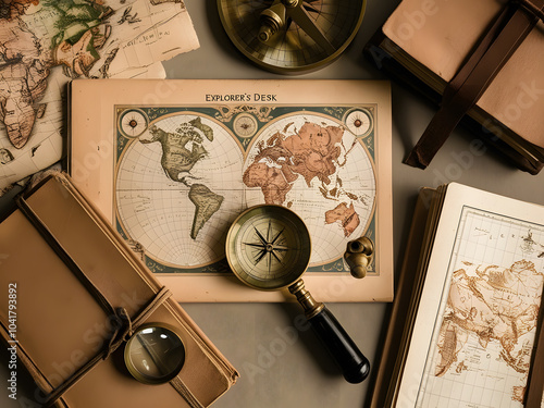 An explorer's desk filled with vintage maps, a compass, and travel journals beneath warm morning light in an old study photo