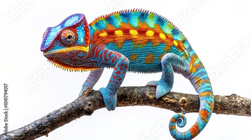 Uncommon pet chameleon with its tail curled, changing colors as it stands on a branch, isolated on a white background. photo