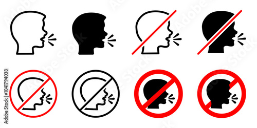 Keep quiet silent symbol set. No speaking sign. no talking warning icon. Quiet zone label. Prohibition sticker for area places.