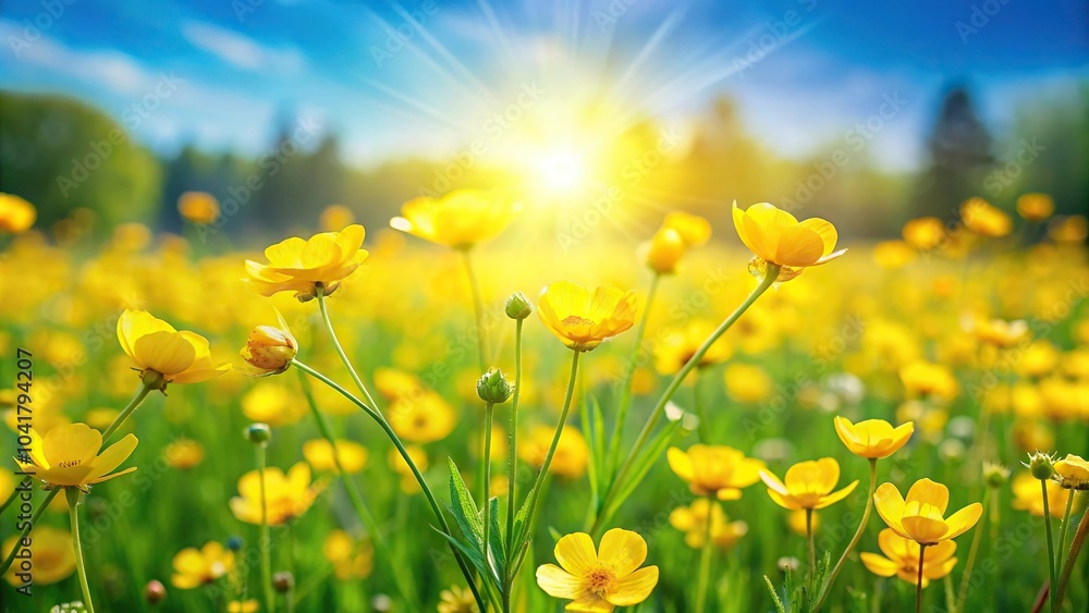 Fototapeta premium Bright yellow buttercups in a sunny meadow, using forced perspective to create a stunning nature scene.
