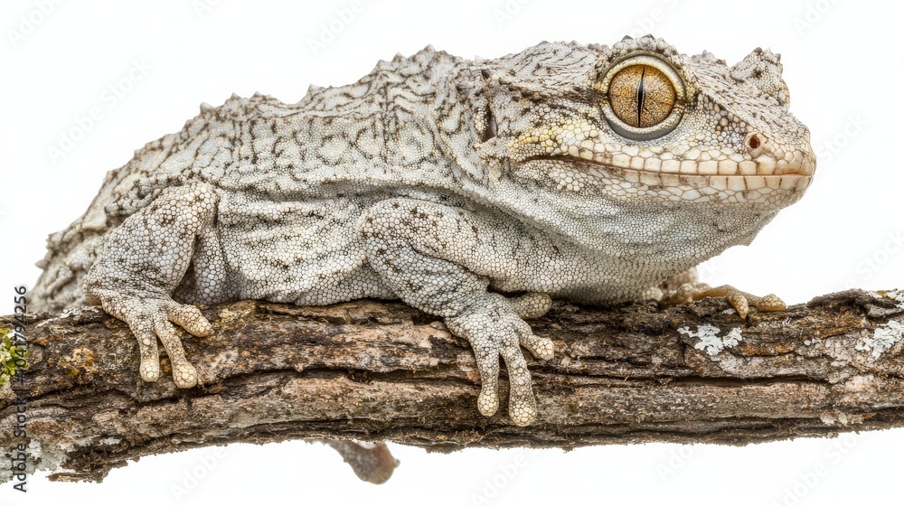 Fototapeta premium Uncommon pet gargoyle gecko with its marbled skin pattern, perched on a branch isolated on white.