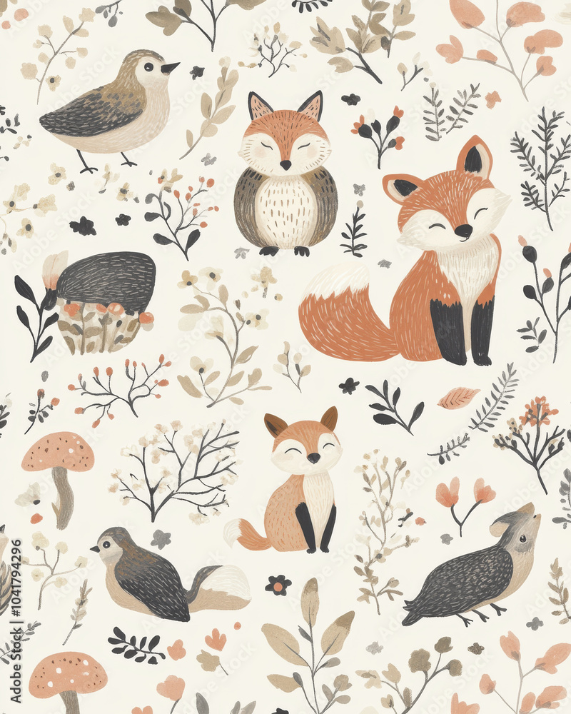 Obraz premium Whimsical woodland creatures are illustrated in charming pattern, featuring variety of animals like foxes and birds among delicate flowers and mushrooms, creating playful and serene atmosphere