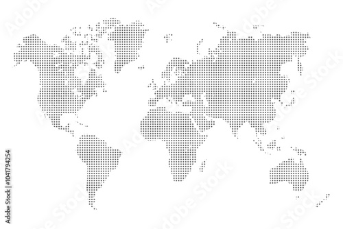 Dotted world map illustration. Black halftone circled global map symbol. Vector template for web design, annual reports, infographics, business presentations, printed material, travel and tourism.