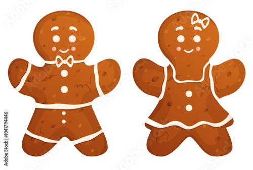 Gingerbread man and woman isolated on white. Xmas homemade pastry with frosting.