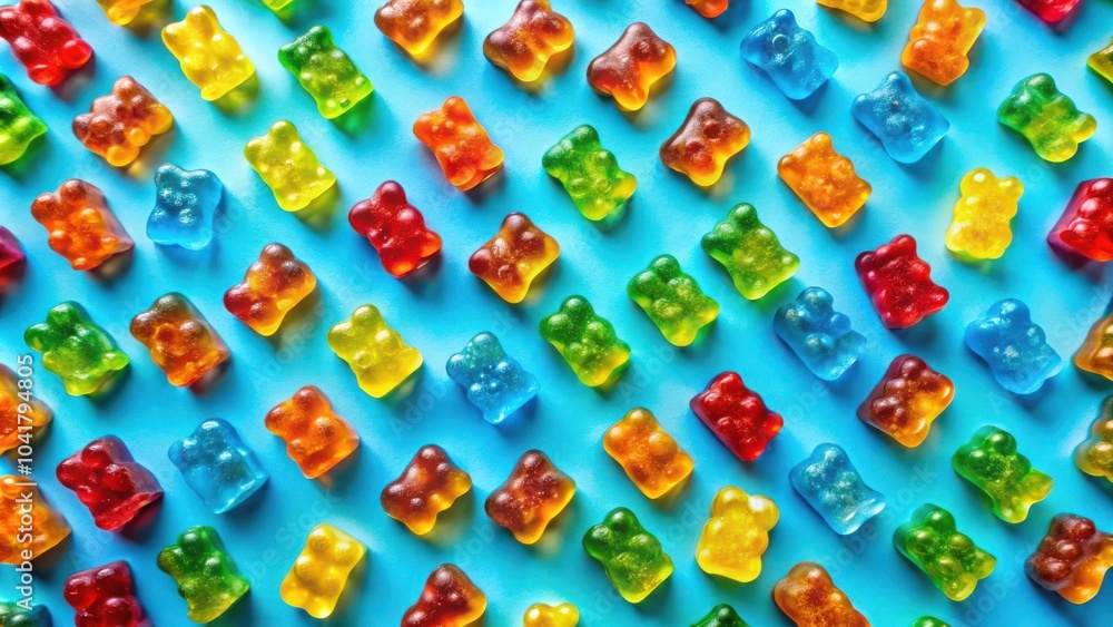 A vibrant pattern of colorful gummy bears arranged in a symmetrical grid on a bright blue background. A vibrant pattern of colorful gummy bears arranged in a symmetrical grid on a bright blue background.