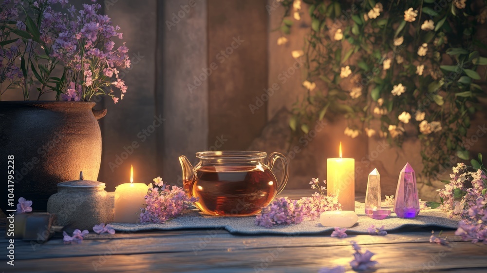 Fototapeta premium A tranquil setting with tea, candles, and crystals for relaxation.