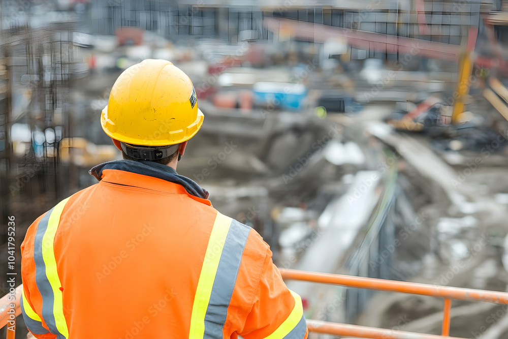 Construction worker in helmet and safety jacket observing industrial site from elevated platform, blurred structures Construction worker in helmet and safety jacket observing industrial site from elevated platform, blurred structures