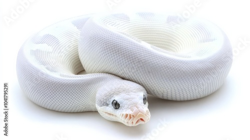 Unique pet axanthic ball python, its silver-gray tones highlighted against the white backdrop. photo