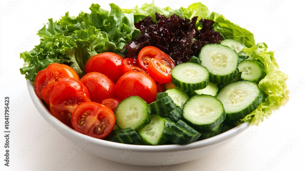 Fresh Salad with Tomatoes, Cucumbers and Lettuce in a White Bowl Fresh Salad with Tomatoes, Cucumbers and Lettuce in a White Bowl