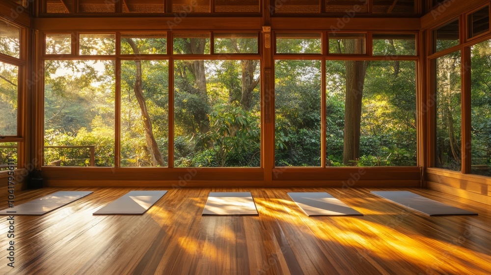 Fototapeta premium Yoga studio with large windows, wooden floors, and mats, surrounded by nature. 