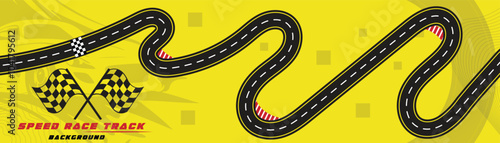 Creative vector illusion of race track isolated on yellow background. Speed race track background design with sport car.