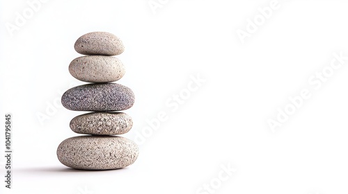 Zen and stability: Balanced stone tower on white background. -