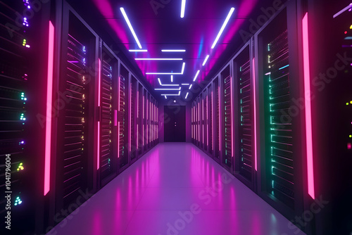 Futuristic server room with glowing multicolored lights on data servers, showcasing advanced technology and digital networks