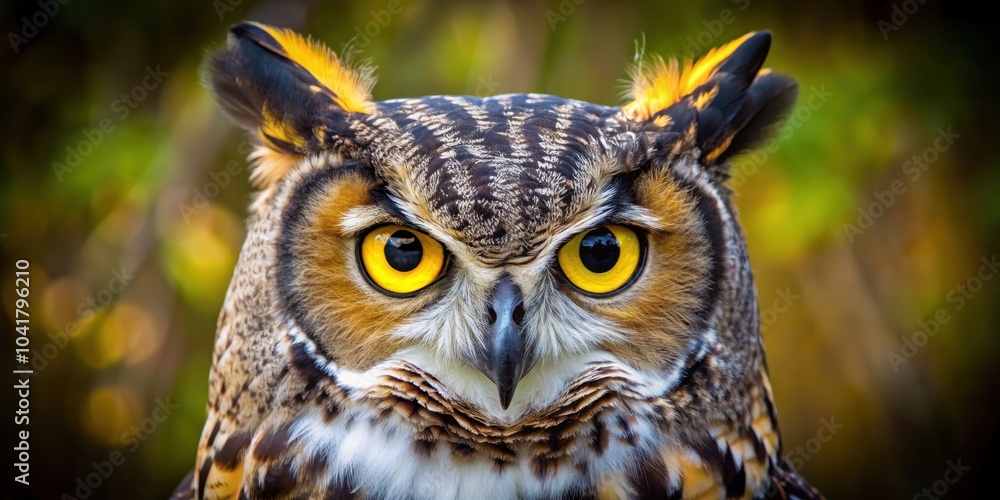 Close-up of majestic great horned owl with piercing yellow eyes, wildlife, bird, owl, close up, predator Close-up of majestic great horned owl with piercing yellow eyes, wildlife, bird, owl, close up, predator