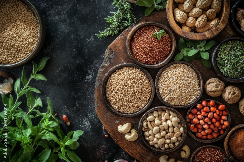 A Colorful Display of Various Spices and Nuts in Wooden Bowls on Dark Surface A Colorful Display of Various Spices and Nuts in Wooden Bowls on Dark Surface