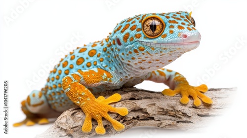 Unusual bright green tokay gecko clinging to a branch, isolated on a white background.