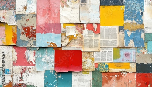 Colorful collage of weathered papers on a textured wall in urban setting