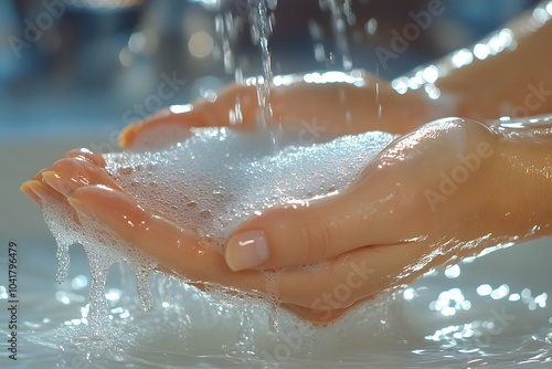 Hands under running water, with soap suds lathering up on the skin.