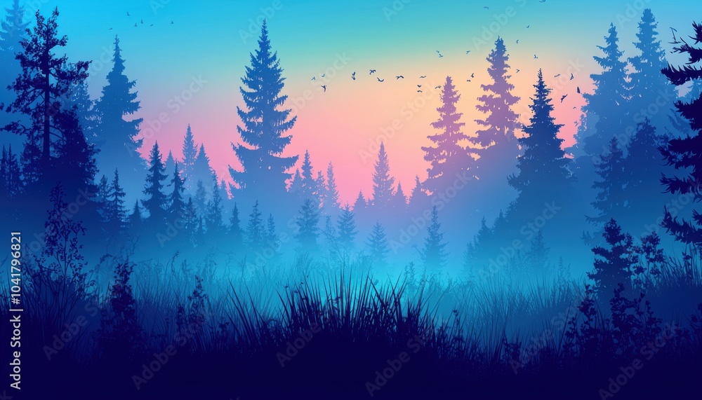 A serene forest landscape at dawn, featuring silhouettes of trees against a colorful sky. A serene forest landscape at dawn, featuring silhouettes of trees against a colorful sky.