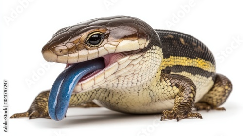 Vibrant blue-tongued skink with a bold blue tongue sticking out, isolated on white. photo