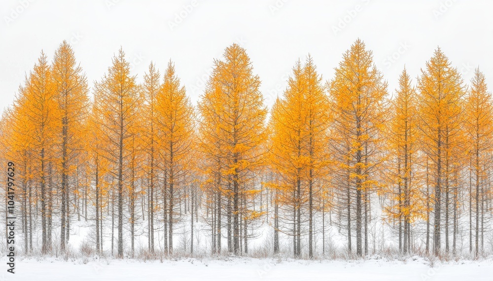 A serene winter landscape featuring a row of vibrant yellow trees against a snowy backdrop. A serene winter landscape featuring a row of vibrant yellow trees against a snowy backdrop.