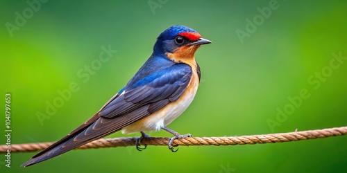 Red rumped swallow perched on branch with green background photo