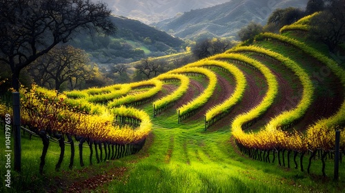 Breathtaking panoramic view of a picturesque vineyard with perfectly manicured rows of lush green grapevines stretching out as far as the eye can see against a backdrop of rolling hills and a serene