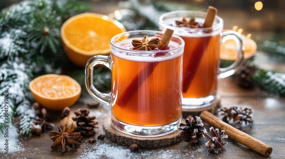 A glass of mulled wine with orange slices and cinnamon sticks, surrounded by Christmas ornaments and tree