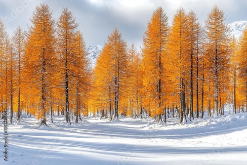 A serene winter landscape featuring vibrant orange larch trees amidst a blanket of snow, creating a striking contrast in nature.