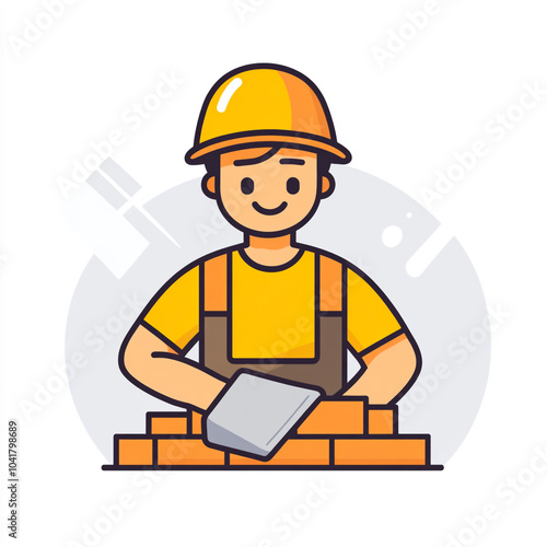  A simple icon of a construction worker holding a brick, in a flat design style. 