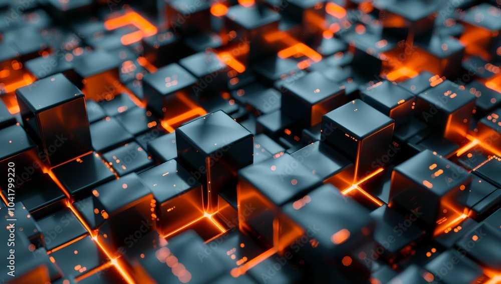 Fototapeta premium 3D render of abstract background with metal cubes and glowing lights, in the...