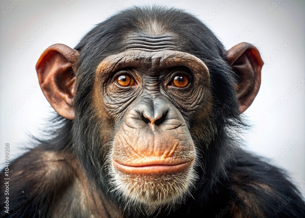 Closeup Portrait of a Chimpanzee with Detailed Features on White Background for Wildlife Photography Enthusiasts Closeup Portrait of a Chimpanzee with Detailed Features on White Background for Wildlife Photography Enthusiasts