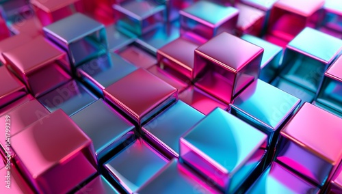 3D render of an abstract background with colorful metallic blocks in pink,...