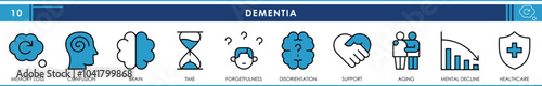 A set of line icons related to Dementia. Memory loss, confusion, brain, time, forget, support, and so on. Vector editable stroke.