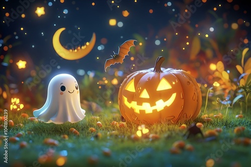 A bright and cheerful Halloween night. There was a glowing jack-o'-lantern sitting on a patch of green grass. A cute little ghost in a flowing white dress floats next to a pumpkin.