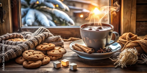 A steaming mug of hot cocoa on a rustic wooden table next to cozy knitwear and homemade cookies with the warm glow of the setting sun shining through a snowy window