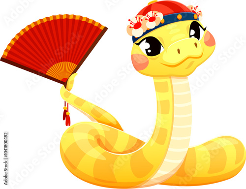 Cute cartoon yellow snake in traditional Chinese hat adorned with flowers and holding a red fan in its tail, smiling warmly. 2025 Chinese lunar year character, zodiac reptile animal holiday symbol