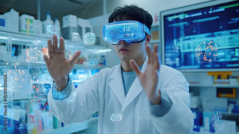VR headset on scientist interacting with virtual display. VR headset on scientist interacting with virtual display.