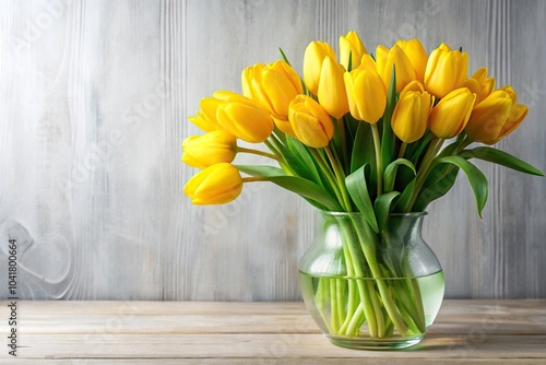 Bright yellow tulips in a clear vase with forced perspective