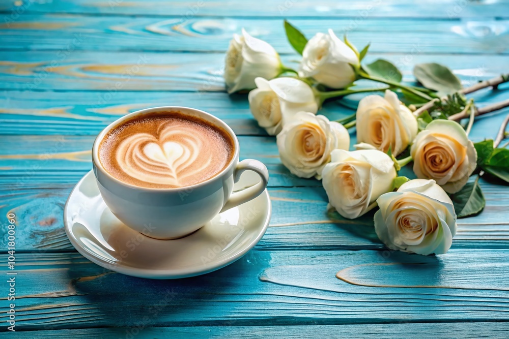 Coffee Latte Art with Heart Shape Surrounded by White Roses on Blue Wooden Surface Coffee Latte Art with Heart Shape Surrounded by White Roses on Blue Wooden Surface