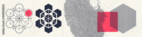 Background of black dots randomly moving on backdrop. Chaotic concentration and dispersion of small rounds. Simple geometric figure like circles and lines. Abstract mechanical scheme. Vector.