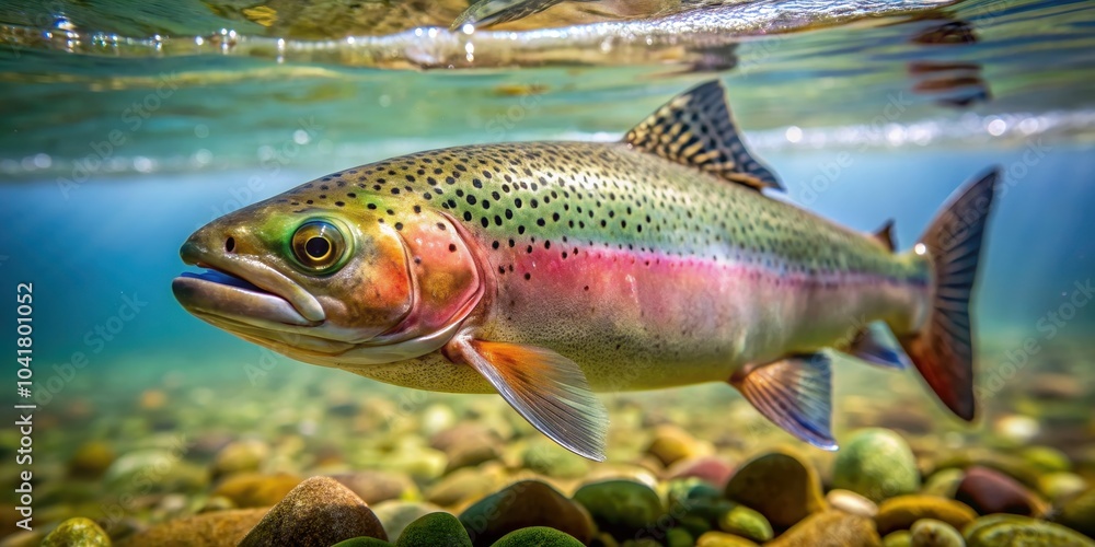 Close up image of a rainbow trout swimming in clear water, trout, fish, animal, underwater, wildlife, nature, river, colorful Close up image of a rainbow trout swimming in clear water, trout, fish, animal, underwater, wildlife, nature, river, colorful