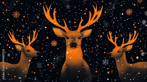 Brightly colored neon green reindeer with orange accents in a festive winter landscape