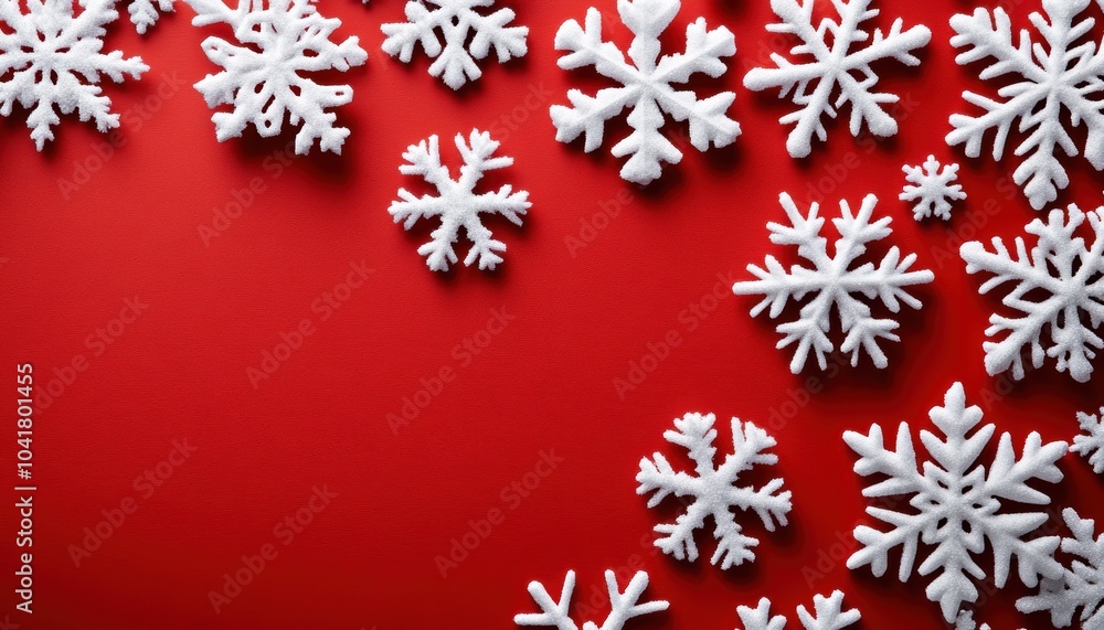 White snowflakes on a bright red background for winter festivities White snowflakes on a bright red background for winter festivities