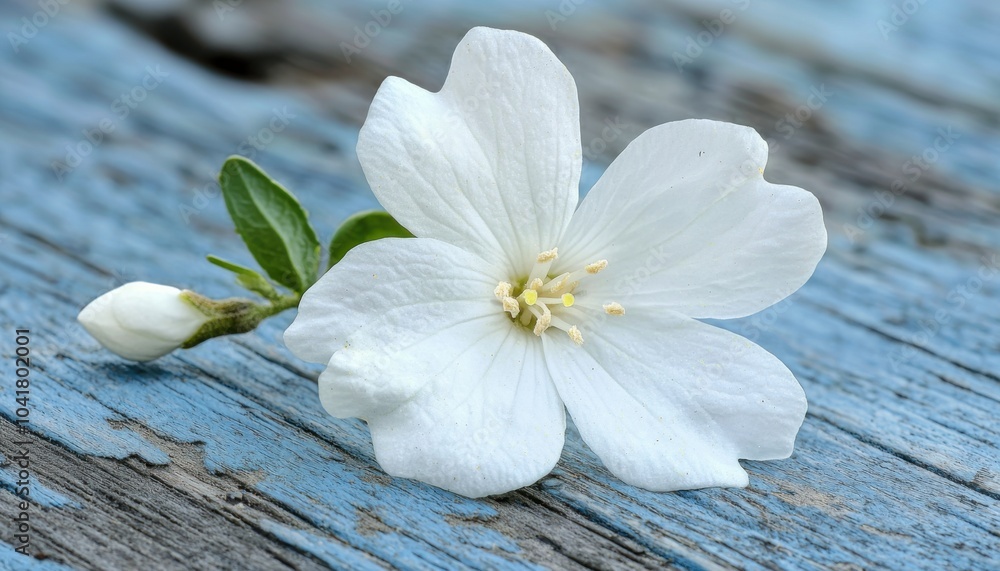 A delicate white flower rests on weathered blue wood, showcasing natural beauty and tranquility. A delicate white flower rests on weathered blue wood, showcasing natural beauty and tranquility.