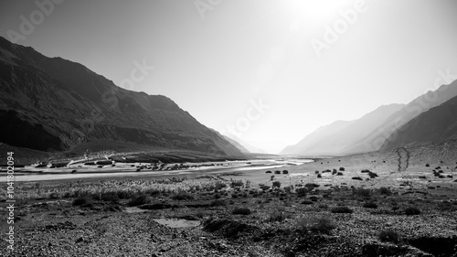 Photography Black and white photo of Shyok River scenic spot on the tourist route of Le Ladakh, India