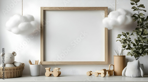 Wooden Toy Decor on a White Shelf with a Frame