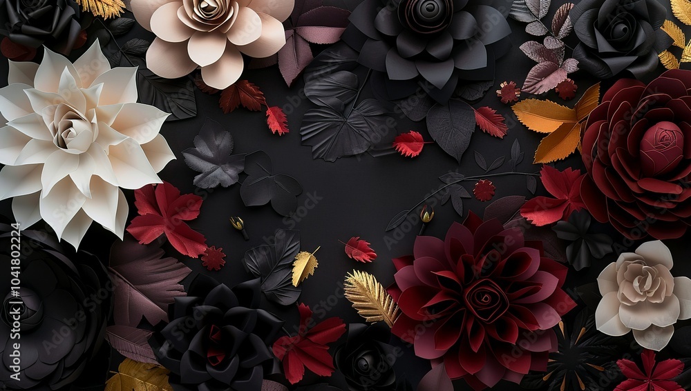 The background is made of paper flowers in autumn colors, with dark gray and... The background is made of paper flowers in autumn colors, with dark gray and...