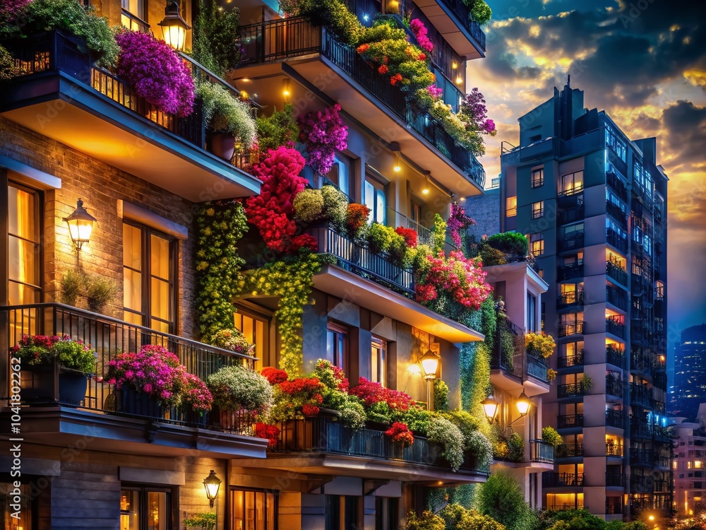 Obraz premium Colorful Apartment Balconies at Night - Vibrant Urban Landscape Photography