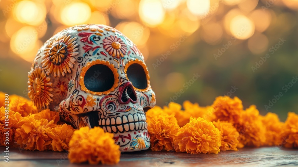 Beautifully decorated sugar skull with intricate patterns and vibrant colors, surrounded by marigolds on a wooden table in soft natural light, perfect for Day of the Dead celebrations. Day of the Dead Beautifully decorated sugar skull with intricate patterns and vibrant colors, surrounded by marigolds on a wooden table in soft natural light, perfect for Day of the Dead celebrations. Day of the Dead